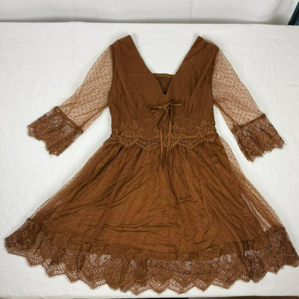 Boho Lace Mocha Brown Mini Dress w/ 3/4 Sleeves - L
